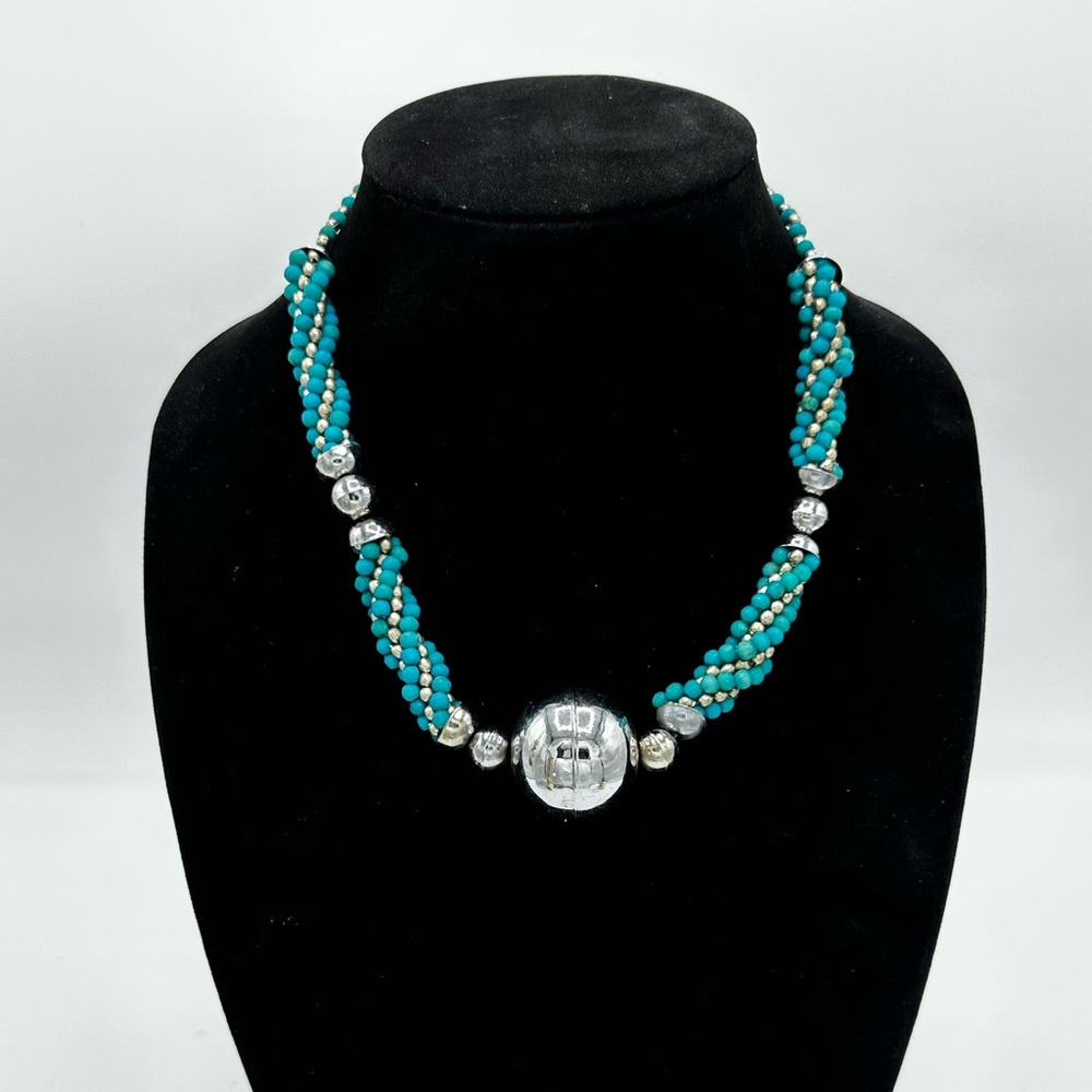 Vintage 60s Indian twist red and metal beaded
Kumihimo Necklace 20in